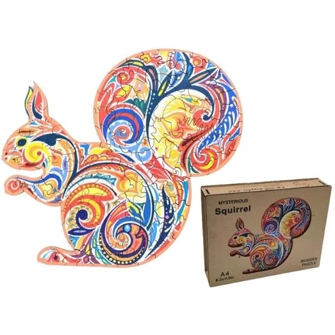 WOODEN JIGSAW PUZZLES, 3D WOODEN ANIMALS SHAPED PUZZLES, BEST GIFT FOR ADULTS AND KIDS DIY PUZZLE PIECE, COLORFUL UNIQUE SHAPED SQUIRREL PUZZLES A4-8.2 X 11.6IN - Image 1